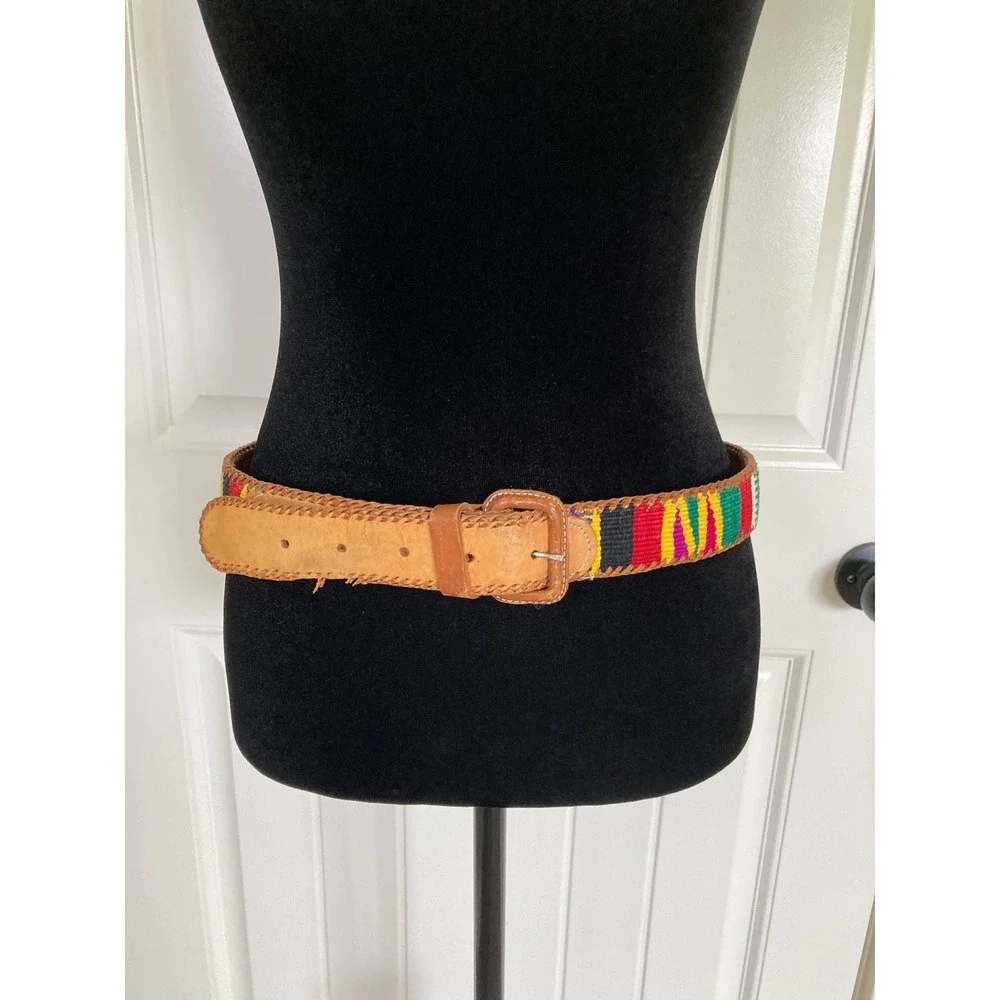 Vintage Guatemalan Woven‎ Leather Belt Tan Multi Color Boho Southwestern Size 34
